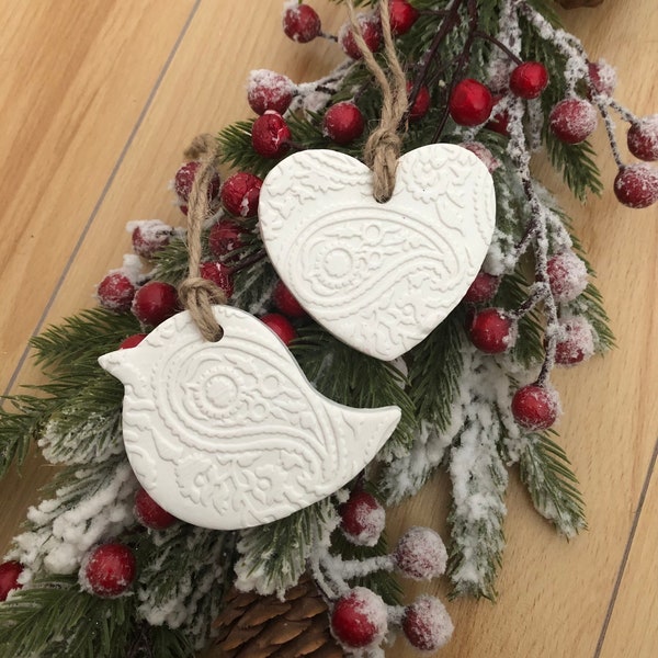 Set of 2 white clay Christmas ornaments, bird and heart shapes with floral pattern, Christmas decoration, clay