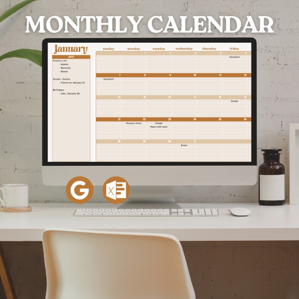 MONTHLY Calendar Spreadsheet UPDATED 2024 CUSTOMIZABLE Simple and