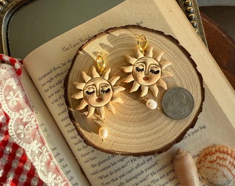 Hand-Painted Sun Earrings, Whimsical Cottagecore Jewelry, 14k Gold Findings