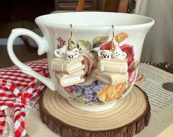 Hand-Painted Book and Tea Stack Earrings, Vintage Blue Transferware Style