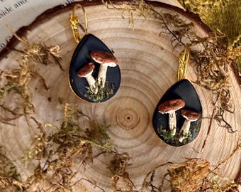 Polymer Clay Mushroom Earrings, 70s Nature Inspired Jewelry