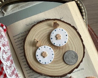 Hand-Painted Seashell Earrings: Vintage Blue Transferware, Coastal Cottagecore Style