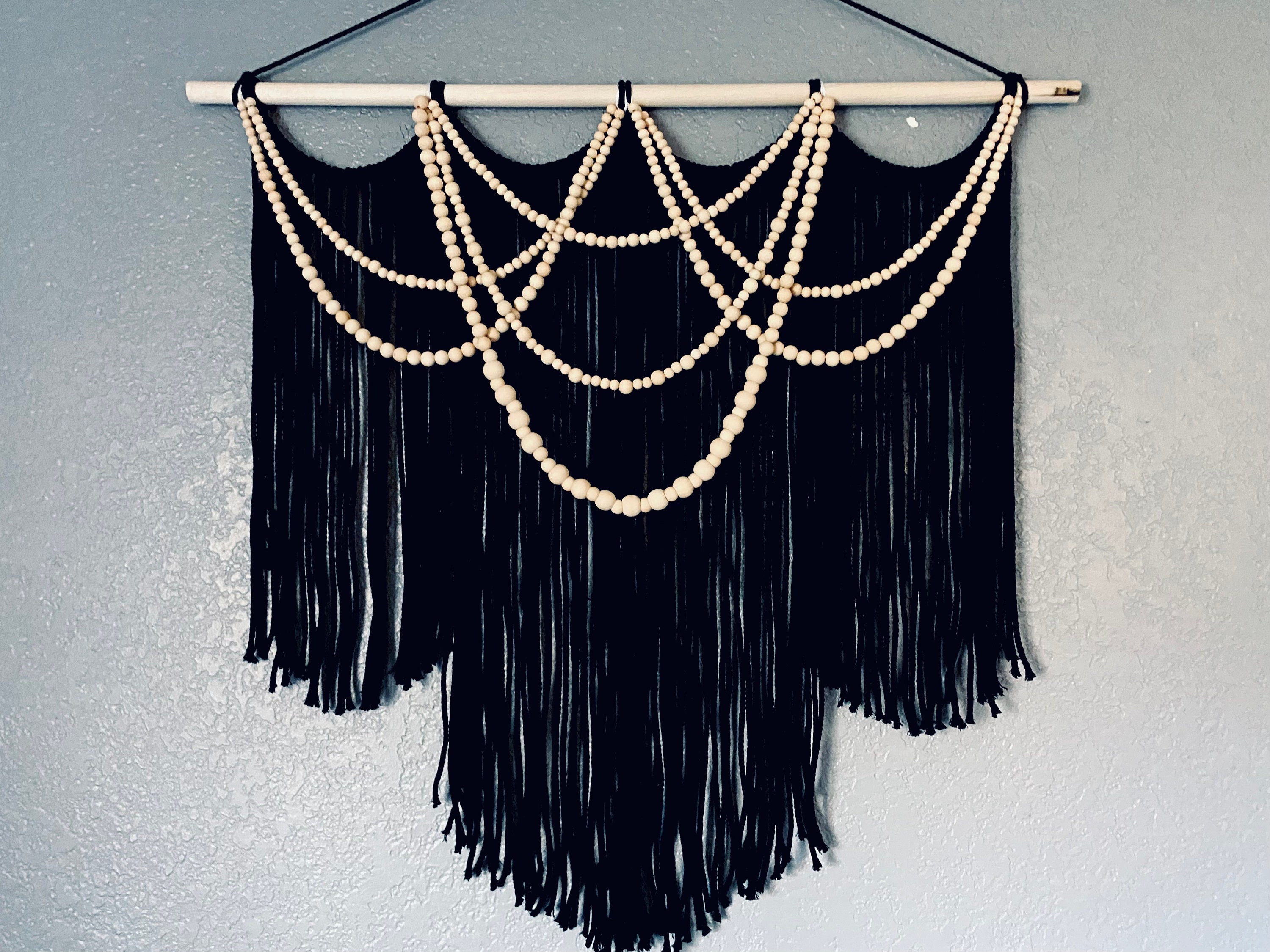 Large Black Macrame Wall Hanging, Wood Bead Accents, Necklace Accent,  Handmade Gift Ideas, Macrame Back Drop, Boho Home Decor 