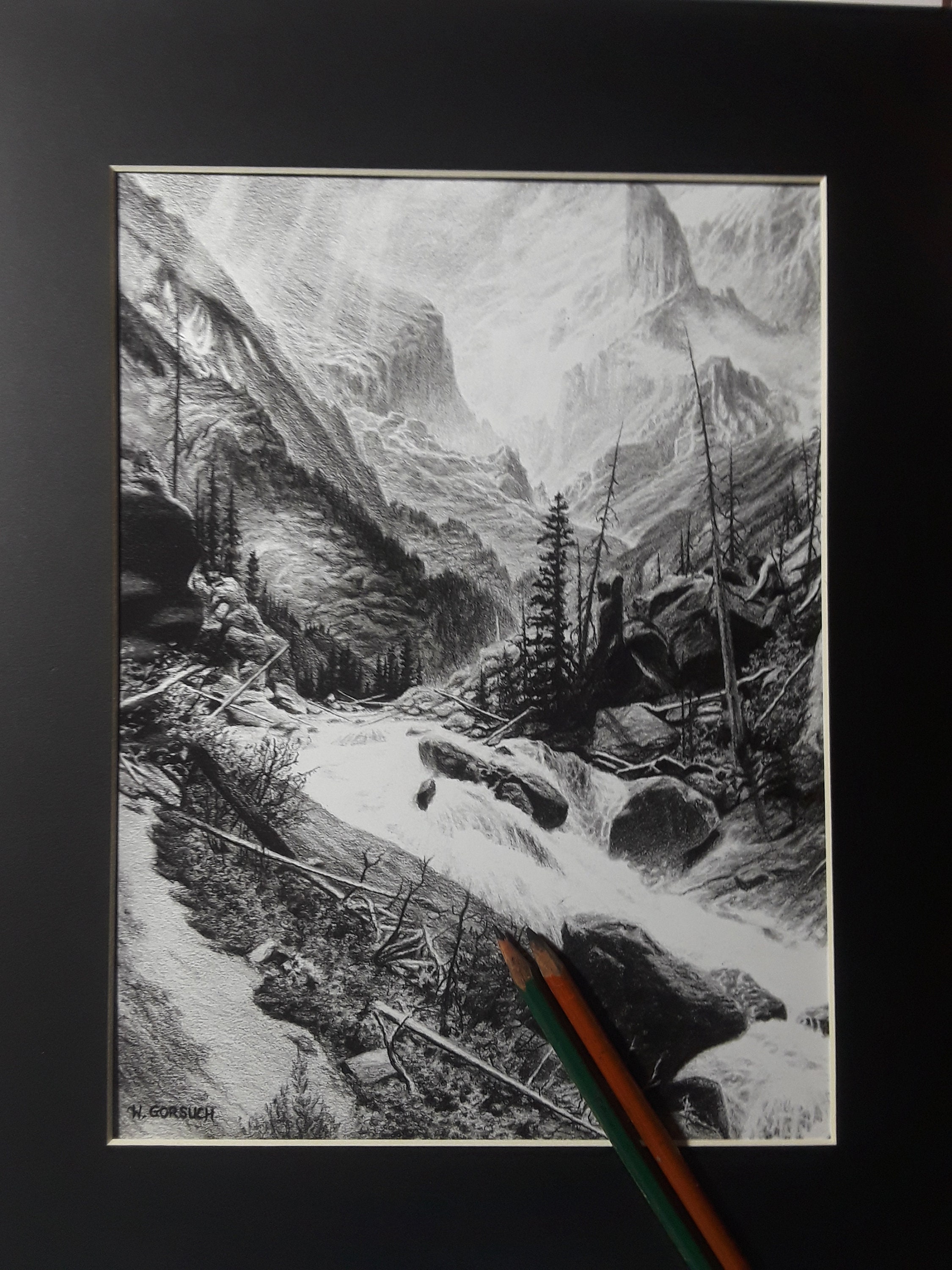 Mountain Waterfall Print, Graphite Pencil, 12