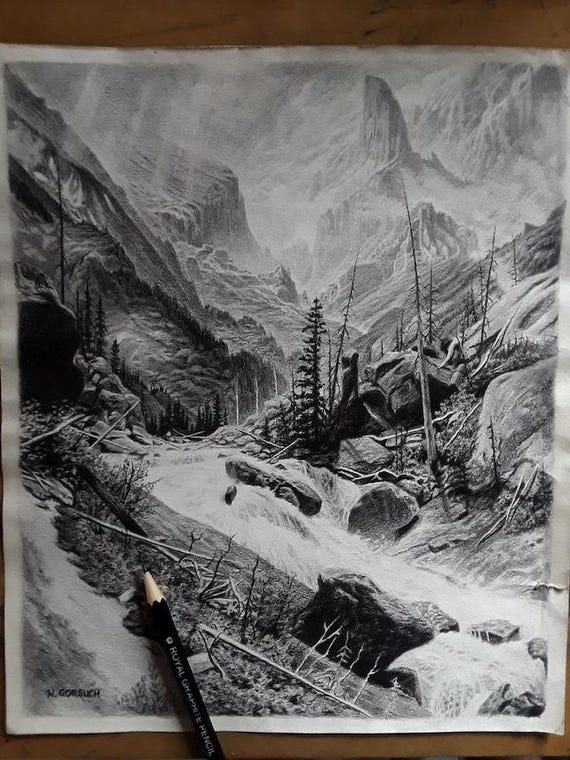 Mountain Waterfall Print, Graphite Pencil, 12
