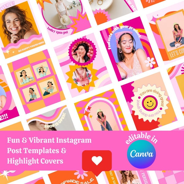 Instagram Post Templates Retro Small Business Branding| Canva Editable Insta Template | Instagram Bundle with Story Highlights| Social Media