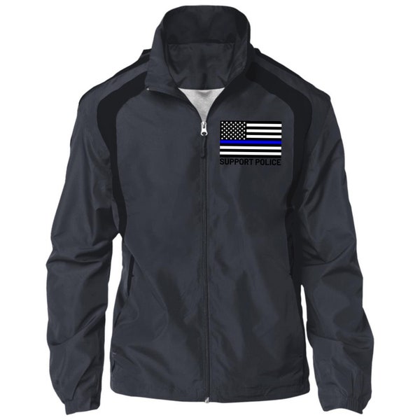 Support Police Blue Line American Flag Jersey-Lined Jacket