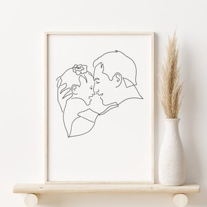 Custom Fathers day gift, Personalized gift, First dad and baby portrait, Hand drawn family illustration, Line drawing, First father's day image 1