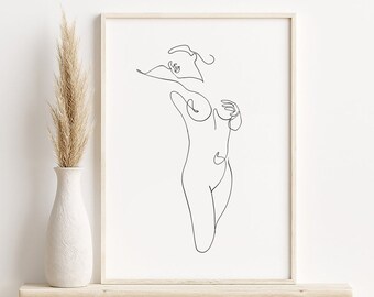 Female print poster, One line art print, Naked body line art, Modern wall decor, printable line drawing, digital download, Home decor