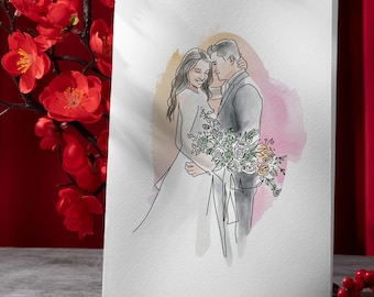 Retrato de boda personalizado en acuarela, regalo del primer aniversario, regalo de aniversario en papel, pintura de boda digital, retrato de pareja personalizado
