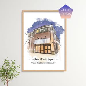 Notre premier rendez-vous amoureux, illustration dessinée à la main, aquarelle personnalisée, cadeau d'anniversaire, carte de notre lieu de rencontre, cadeau de mariage