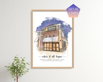 Our First Date Venue Portrait, Hand-drawn Venue Illustration, Custom Watercolor, Anniversary Gift, Where we met map, Wedding Gift