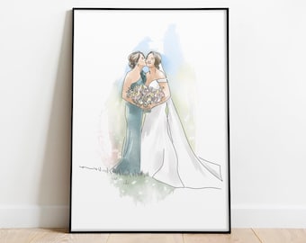 May include: A framed art print featuring a watercolor illustration of two women, one in a blue gown and the other in a white wedding dress, embracing. The print has the words "Minimal", "Elegant", and "Unique" at the top.