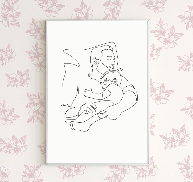 Custom Fathers day gift, Personalized gift, First dad and baby portrait, Hand drawn family illustration, Line drawing, First father's day image 2