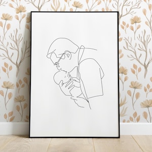 First dad and baby portrait, Hand drawn family illustration, Line drawing, First father&#39;s day, Fathers day gift, Personalized gift for dad