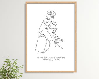 First dad and baby portrait, Hand drawn family illustration, Line drawing, First father's day, Fathers day gift, Personalized gift for dad