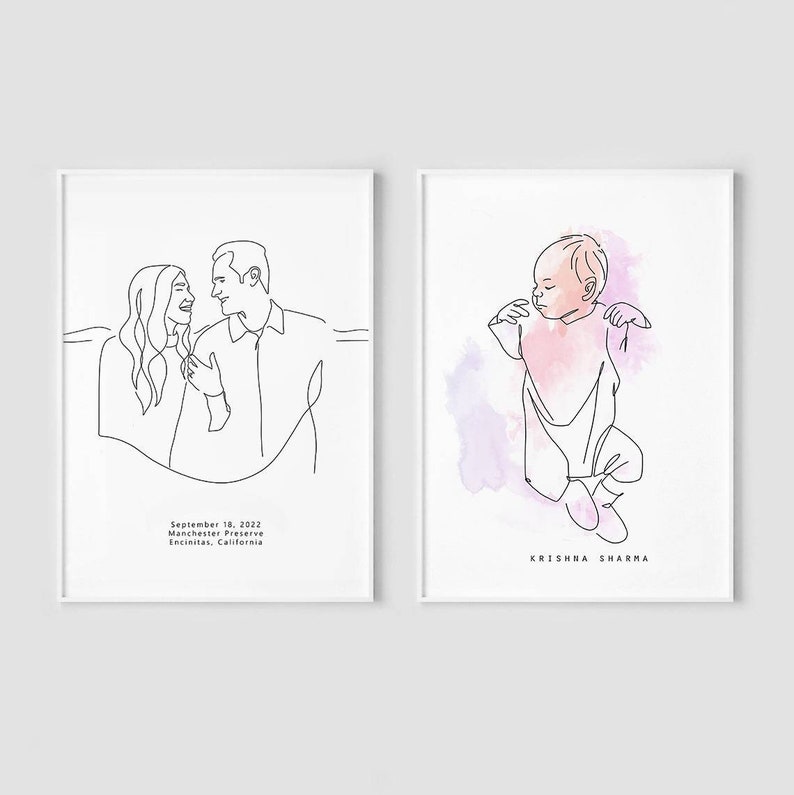 Custom Fathers day gift, Personalized gift, First dad and baby portrait, Hand drawn family illustration, Line drawing, First father's day image 6