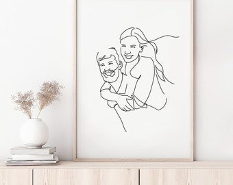 Custom Couple Line Portrait,  Line drawing illustration, First Valentine's day gift, Boyfriend present, Family gift, Portrait from photo