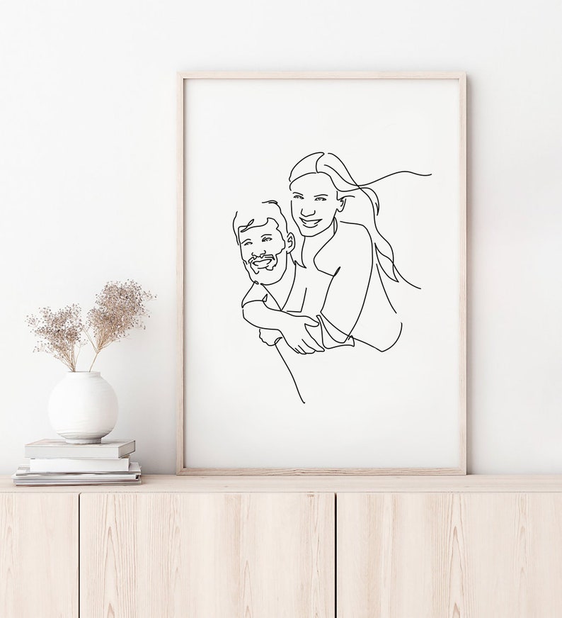 Custom Couple Line Portrait, Line drawing illustration, First Valentine's day gift, Boyfriend present, Family gift, Portrait from photo image 1