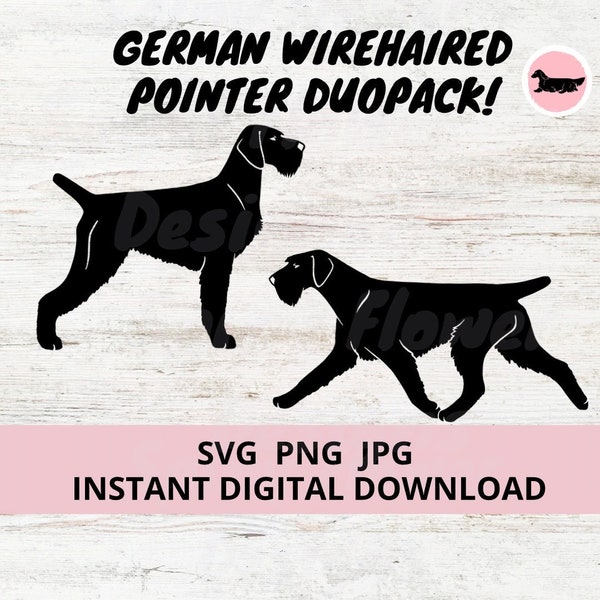 German Wirehaired Pointer Deutsch Drahthaar Dog 2-Pack Duopack Digital Download SVG JPG PNG Clipart