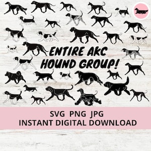 May include: A digital download of SVG, PNG, and JPG files featuring silhouettes of various dog breeds from the Hound Group. The text "Entire AKC Hound Group!" is displayed in bold black letters.