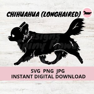 May include: Black silhouette of a longhaired Chihuahua running to the right. The text "CHIHUAHUA (LONGHAIRED)" is above the image. The text "SVG PNG JPG INSTANT DIGITAL DOWNLOAD" is below the image.