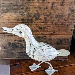 Recycled Metal Duck Garden Art - painted white with rusty accents.