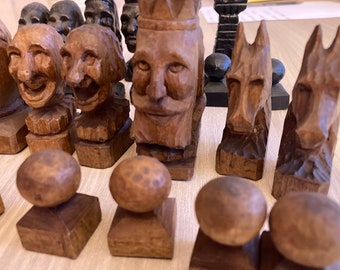 Chessmen 32 pieces handcrafted vintage wooden sculpture unique pieces