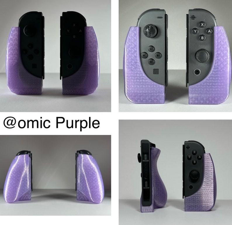May include: Purple 3D printed protective cases for Nintendo Switch Joy-Cons. The cases have a textured finish and are designed to fit snugly around the controllers. The image shows the cases from different angles, including a close-up of the textured surface. @omic Purple