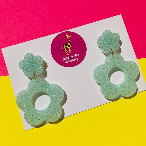 SALE - Mint Green Flower Dangly Stud Earrings, Resin Jewellery, Statement Earrings, Gifts for Her, Floral Earrings