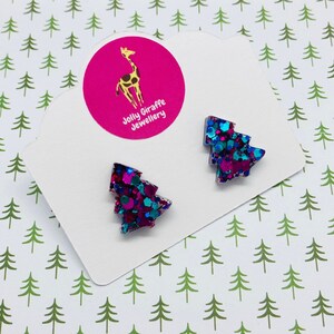 SALE - Christmas Tree Stud Earrings, Resin Jewellery, Christmas Earrings, Statement Earrings, Stocking Filler, Turquoise, Blue, Pink