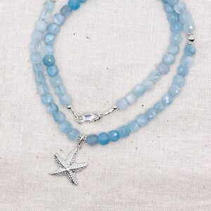 Aquamarine Necklace, Sterling Silver Starfish Charm, Serenity, Transformation Gemstone Energy
