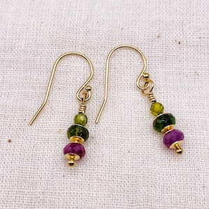 Ruby Tourmaline Peridot Drop Earrings, Dainty Earrings, Gemstone Earrings image 1