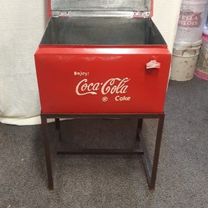 XL Recycled metal solid cooler box with lid on stand. Hand sprayed and painted high quality. coca cola
