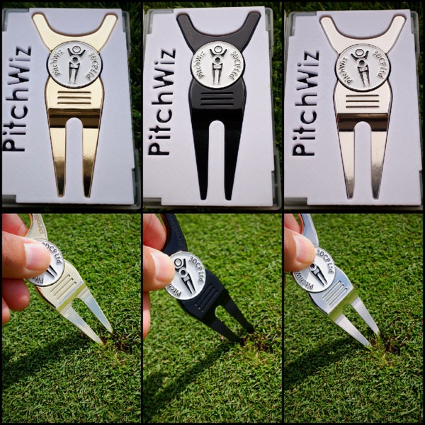 PitchWiz Pro GenII 4in1 Golf Tool - Engraved - Golf Club Rest, Ball Mark, Pitch Divot Repair, Putting Aid Gift