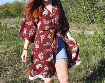 Bohemian Kimono, Hippie/Gypsy Style Women Summer Clothing, Paisley Burgundy