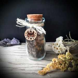 Puede incluir: Un frasco de vidrio transparente lleno de material oscuro y texturizado, sellado con un tapón de corcho. Una etiqueta de madera con forma de búho cuelga del frasco con hilo. Flores secas y un cristal púrpura están dispuestos cerca.