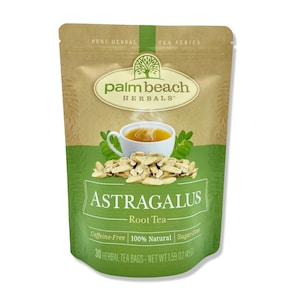 May include: A brown pouch with a green leafy design and a white cup of tea. The pouch contains 30 herbal tea bags of Astragalus Root Tea. The text on the pouch reads "Palm Beach Herbals", "Astragalus Root Tea", "Caffeine-Free", "100% Natural", "Sugar-Free", and "30 Herbal Tea Bags - Net Wt 1.59 oz (45g)".