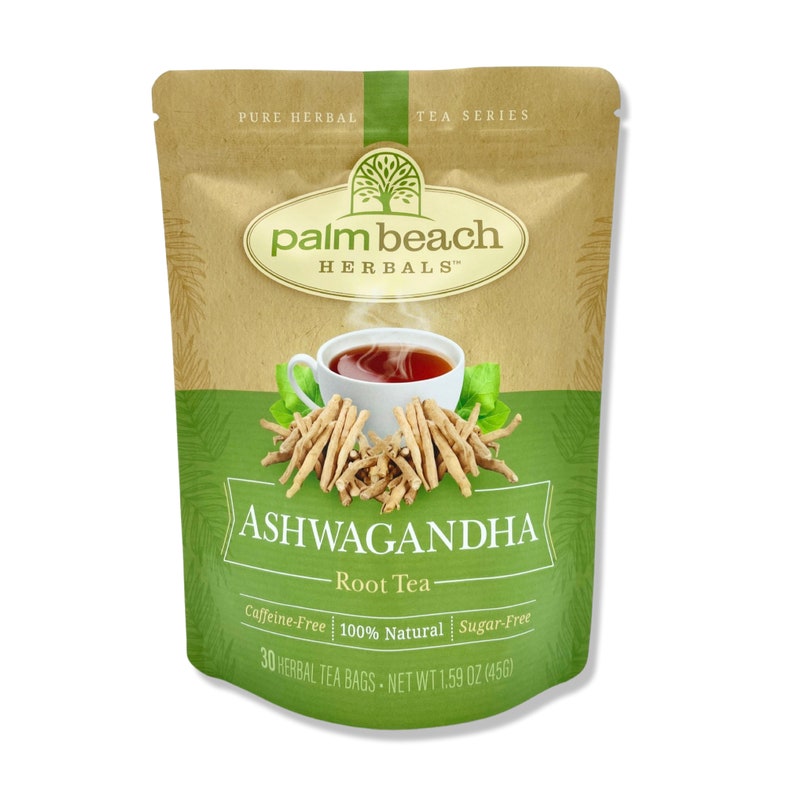 May include: A brown pouch with a green and brown design. The pouch contains 30 herbal tea bags of Ashwagandha Root Tea. The text on the pouch reads "Palm Beach Herbals", "Caffeine-Free", "100% Natural", "Sugar-Free", and "Net Wt 1.59 oz (45g)".