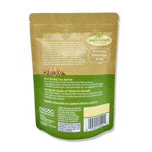 May include: A brown paper bag with a green and white logo for Palm Beach Herbals. The bag features a description of the Ashwagandha root herbal tea, including its flavour profile, directions for brewing, and ingredients. The bag also includes a disclaimer about consulting a healthcare provider before using the product.