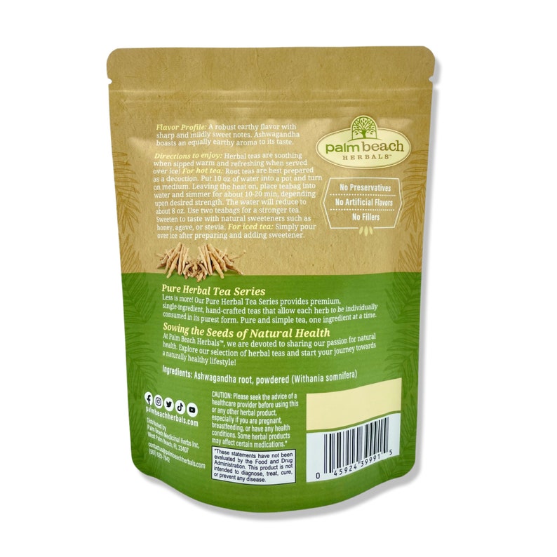 May include: A brown paper bag with a green and white logo for Palm Beach Herbals. The bag features a description of the Ashwagandha root herbal tea, including its flavour profile, directions for brewing, and ingredients. The bag also includes a disclaimer about consulting a healthcare provider before using the product.