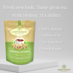 May include: A brown paper bag with a green leaf design and the text "palm beach herbals" in white. The bag contains 30 herbal tea bags of Ashwagandha Root Tea. The tea is caffeine-free, 100% natural, and sugar-free. The bag is sitting on a white surface. The text "100% Natural", "Caffeine-Free", "One Ingredient", and "Pure & Simple" is written in black on a grey background.