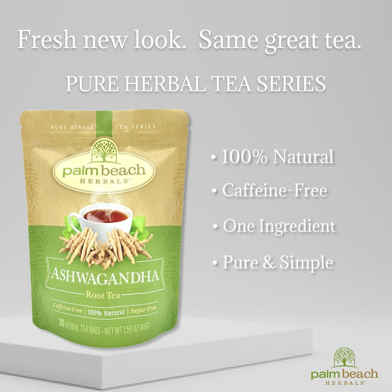May include: A brown paper bag with a green leaf design and the text "palm beach herbals" in white. The bag contains 30 herbal tea bags of Ashwagandha Root Tea. The tea is caffeine-free, 100% natural, and sugar-free. The bag is sitting on a white surface. The text "100% Natural", "Caffeine-Free", "One Ingredient", and "Pure & Simple" is written in black on a grey background.