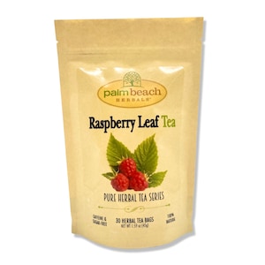 May include: A tan pouch of Palm Beach Herbals Raspberry Leaf Tea. The package displays the brand's logo, the text "Raspberry Leaf Tea", and an illustration of raspberries and leaves. It contains 30 herbal tea bags, net weight 45g.