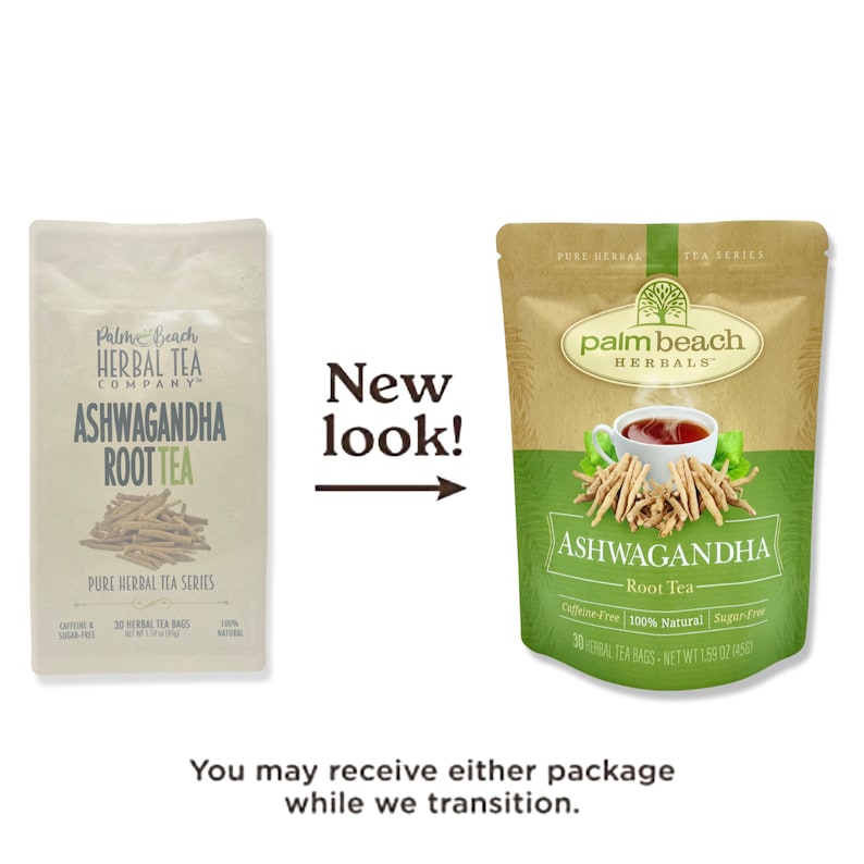 May include: Two different packaging designs for Ashwagandha Root Tea from Palm Beach Herbals. The older packaging is a brown bag with a white label. The newer packaging is a brown bag with a green label. Both bags feature a picture of Ashwagandha root and text that says "Ashwagandha Root Tea".