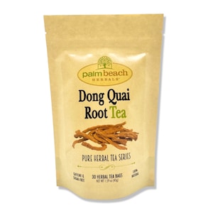 May include: A brown paper pouch with a white label that reads "palm beach HERBALS" and "Dong Quai Root Tea". The label also says "PURE HERBAL TEA SERIES", "CAFFEINE & SUGAR-FREE", "30 HERBAL TEA BAGS", "NET WT 1.59 oz (45g)", and "100% NATURAL".