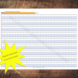 May include: A printable sheet of primary ruled writing paper with a light blue background and black lines. The paper is designed for children learning to write. The text "Digital Download Print from Home" is on a yellow star shape.