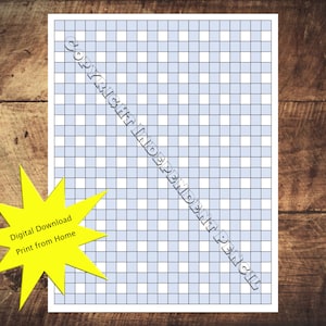 May include: A printable digital download of a blue and white gingham graph paper sheet. The paper is divided into 1 inch squares. The text "Digital Download Print from Home" is in a yellow starburst.
