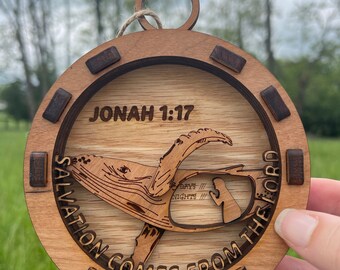 Jonah Ornament, rustic wooden home decor, handmade Bible story scene Christmas ornaments, farmhouse decor, teacher gift, wedding gift.