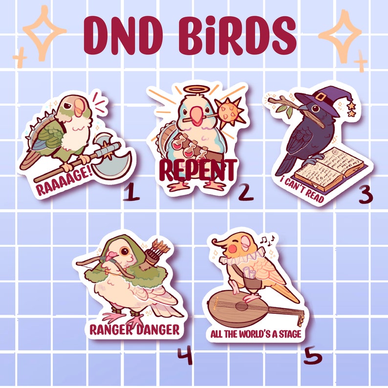 DnD Class Bird Stickers / Dnd5e Sticker / Pathfinder Sticker / TTRPG Sticker / Bird Sticker / Parrot Sticker image 1